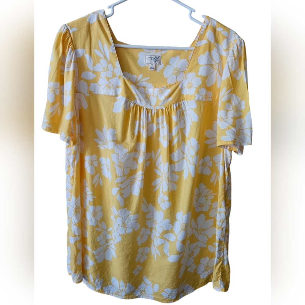 TERRA SKY BRIGHT, LIGHT&AIRY COTTAGECORE BOTANICAL LINEN BLEND TOP SIZE 14W